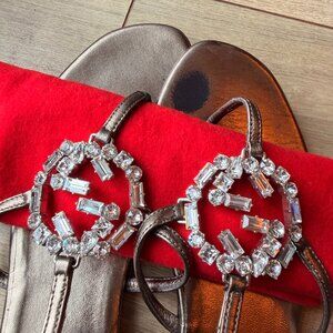 Gucci Crystal Embellished Metallic Sandals – Size 37.5